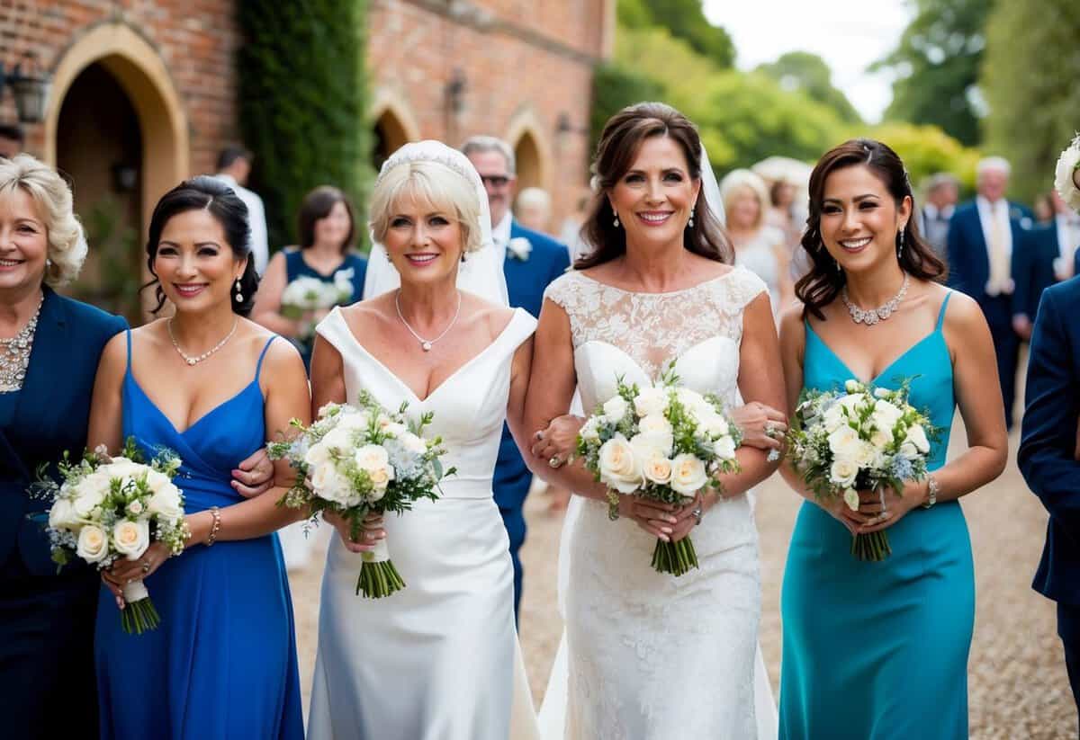 The mother of the bride arrives with a group of close friends, all dressed in elegant attire, carrying bouquets of flowers and smiling warmly