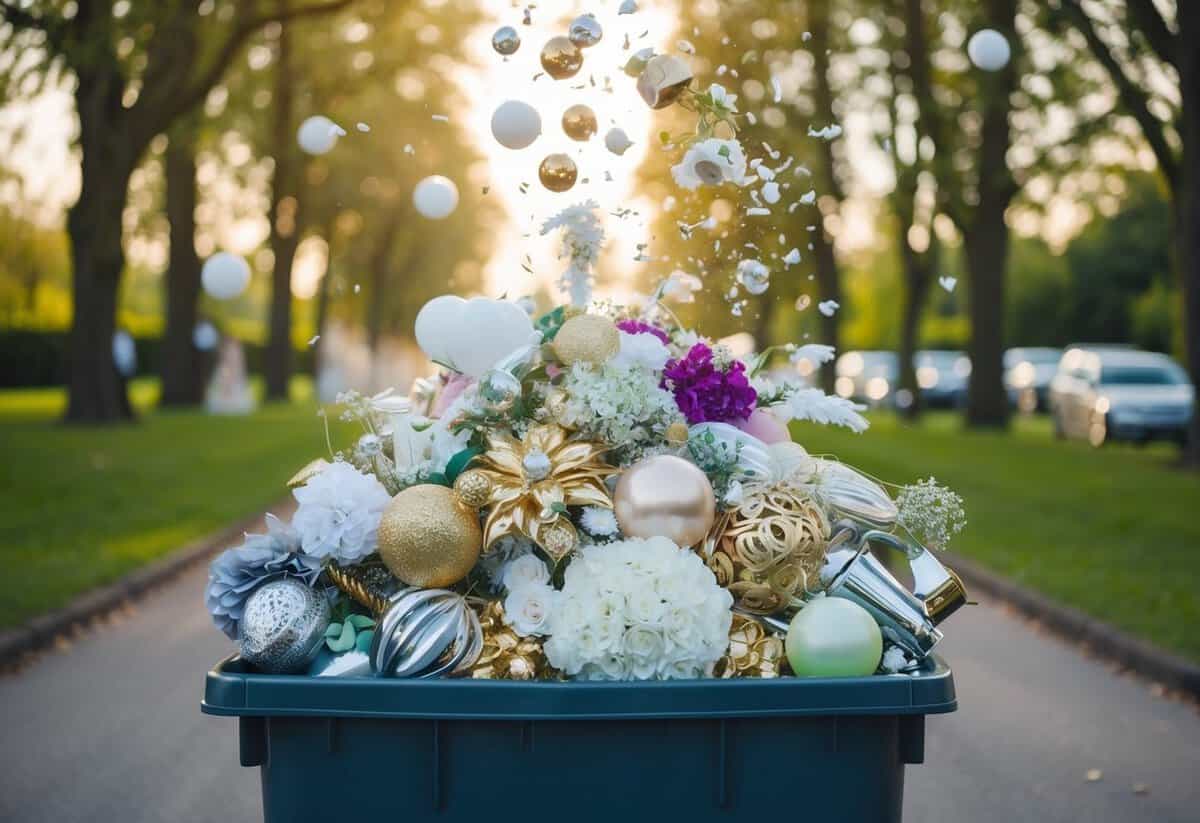 A pile of unnecessary wedding items, including extravagant decorations, overly elaborate centerpieces, and expensive party favors, being thrown into a trash bin