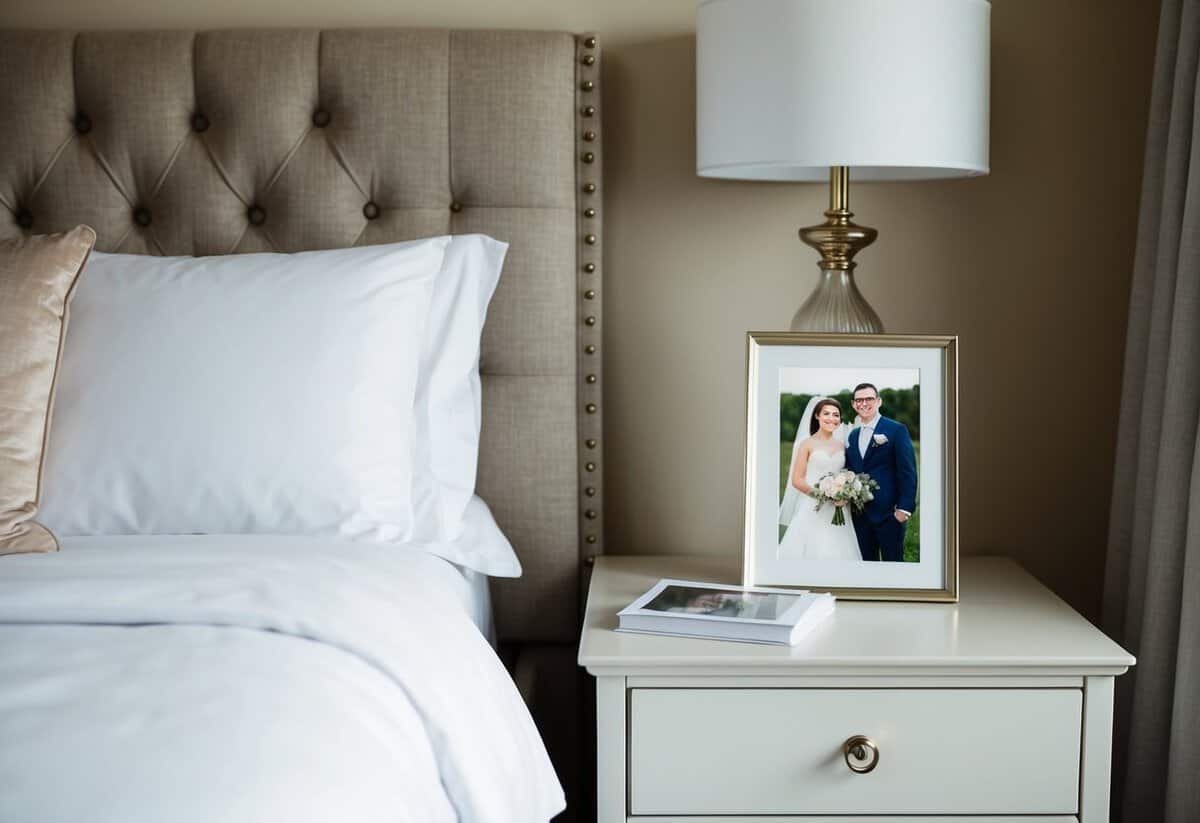 A cozy bedroom with a neatly made bed and a nightstand holding a photo of the bride and her loved ones