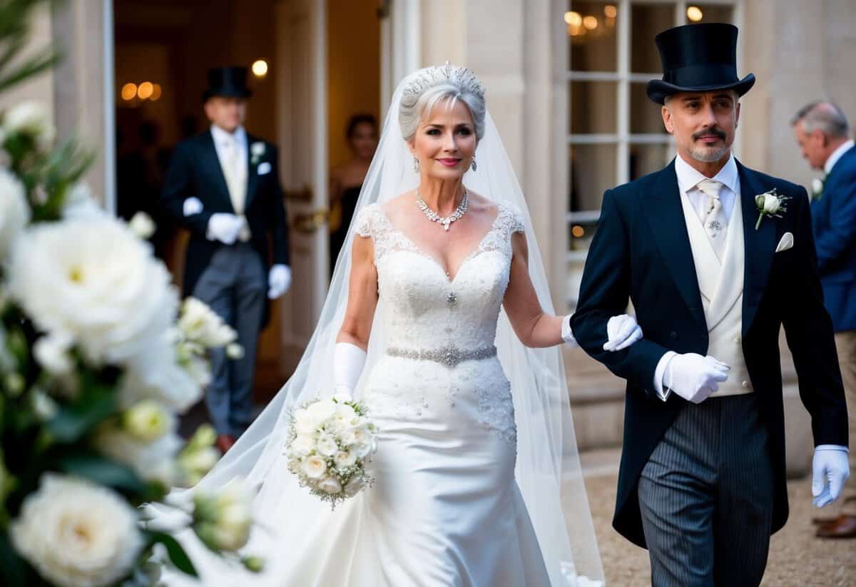 A regal mother of the bride in an elegant gown arrives with a dapper escort. They exude sophistication and grace