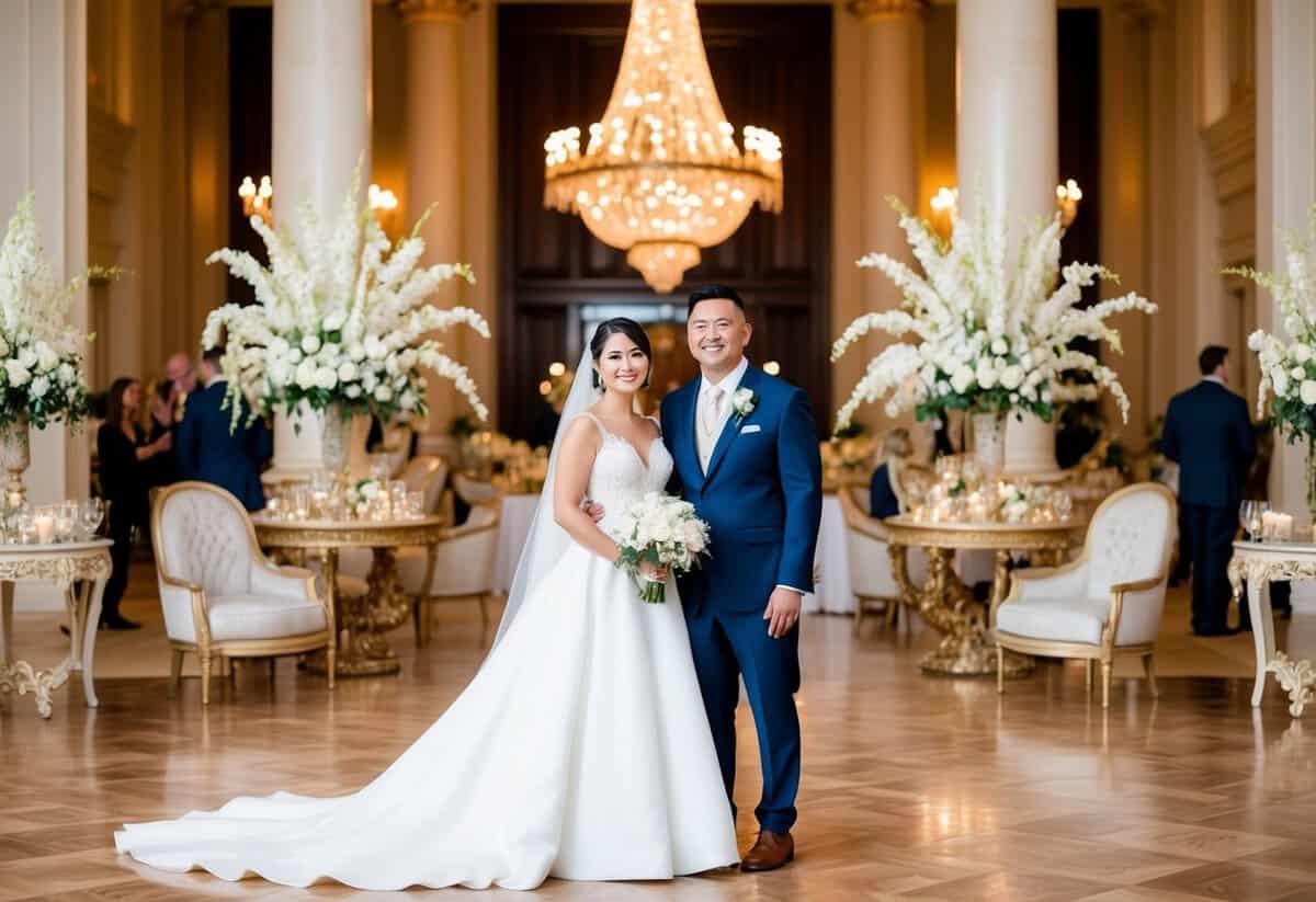 A bride and groom standing in front of a grand reception hall, surrounded by extravagant decorations and opulent furnishings