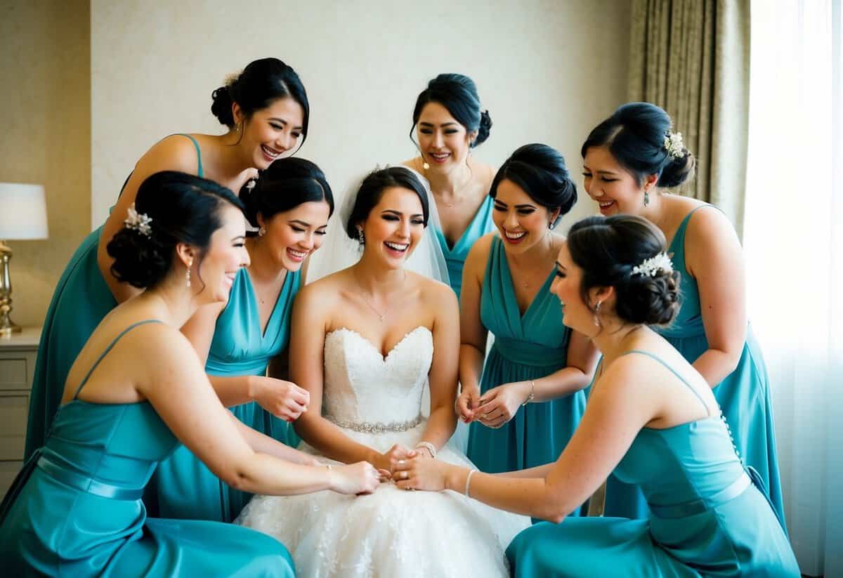 The bride sits surrounded by her bridesmaids, laughing and chatting as they help her with her final preparations for the big day