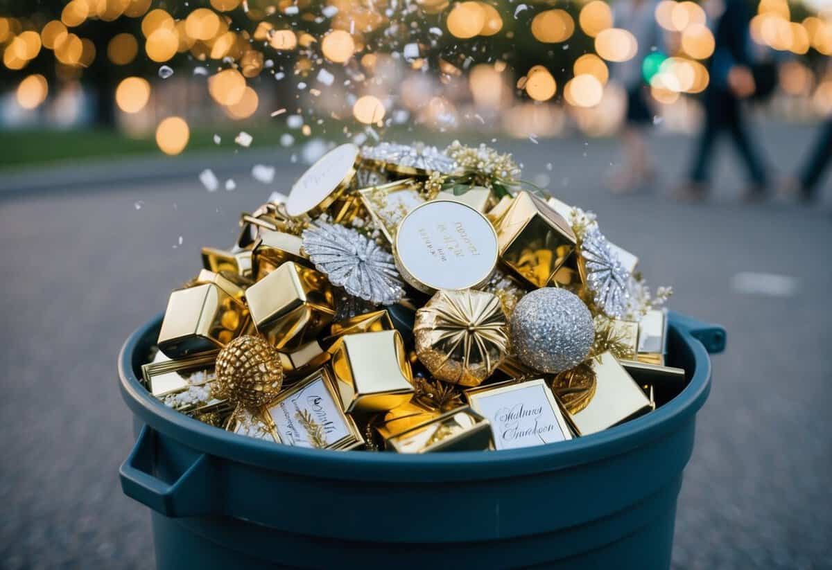 A pile of unnecessary wedding expenses, like extravagant decorations and expensive favors, being thrown into a trash can