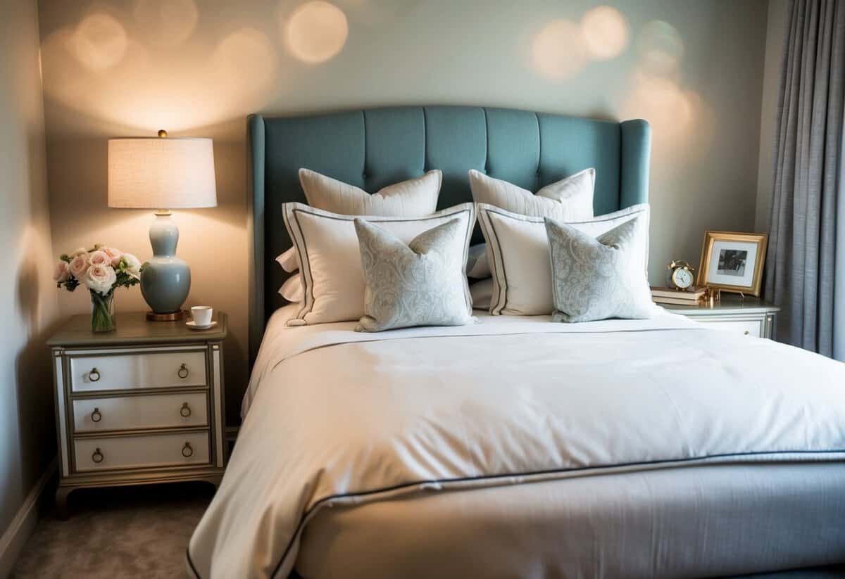 A cozy bedroom with a large, comfortable bed and soft, elegant bedding. A nightstand with a lamp and a vase of flowers