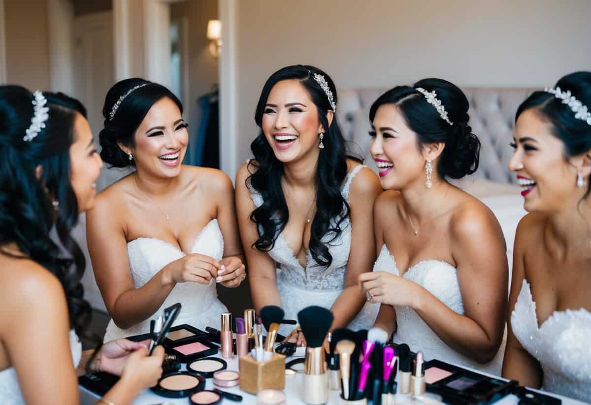 A group of women laughing and chatting while getting ready for the wedding, surrounded by makeup, hair accessories, and elegant dresses