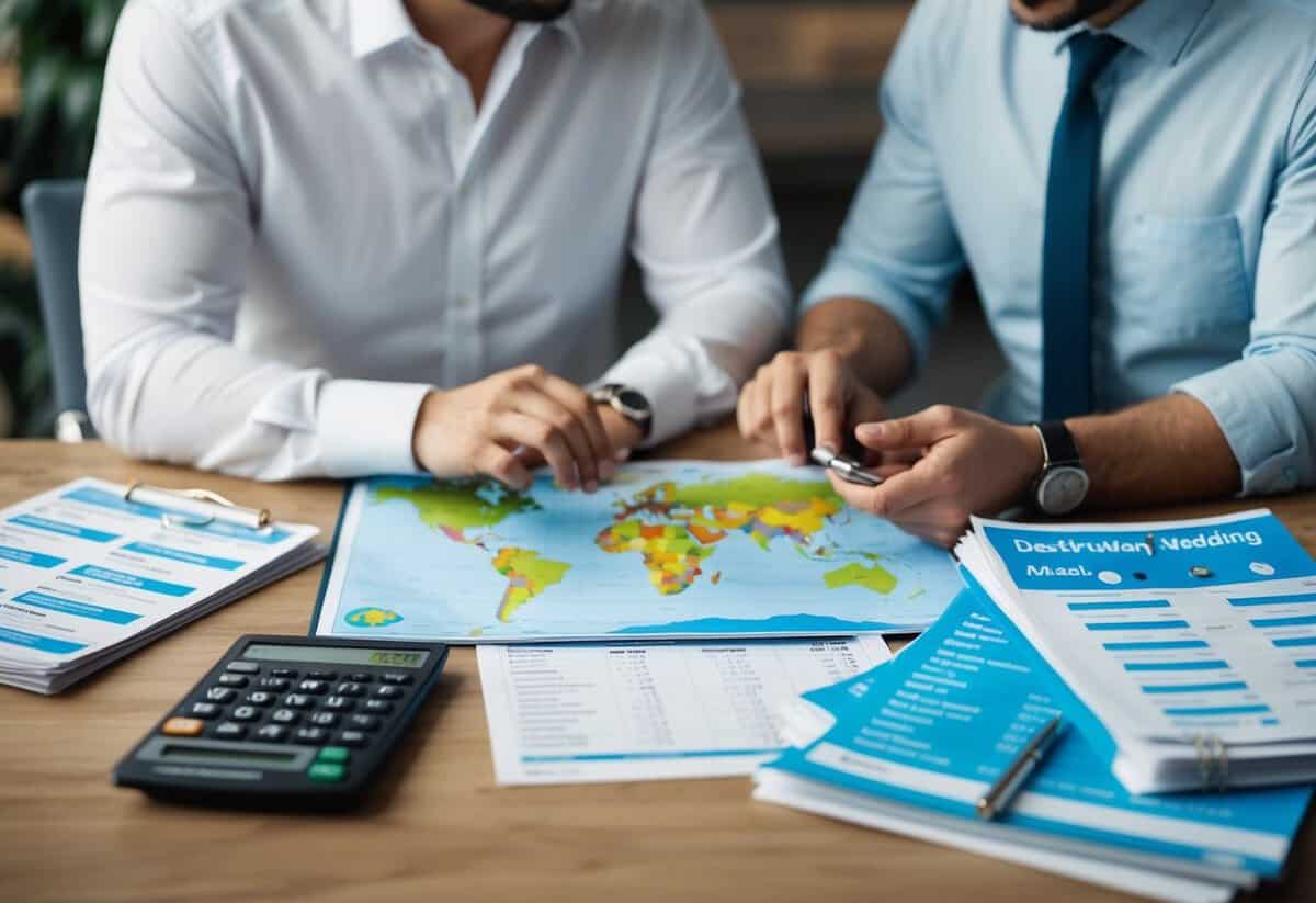 A couple sits at a table with a map and calculator, surrounded by travel brochures and budgeting spreadsheets. They discuss wedding plans for a destination wedding abroad