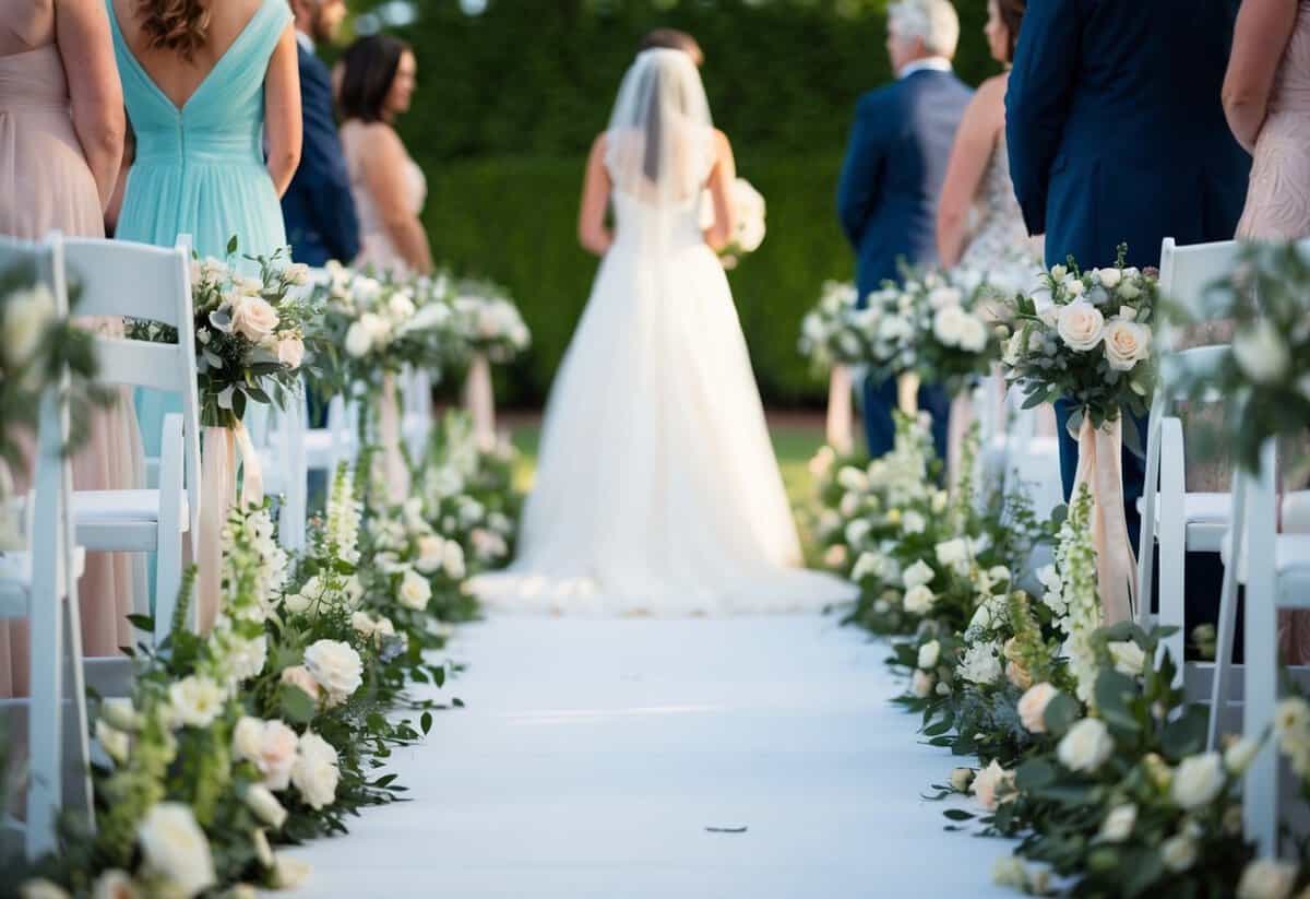 A figure stands at the end of a flower-lined aisle, facing a bride in a flowing gown