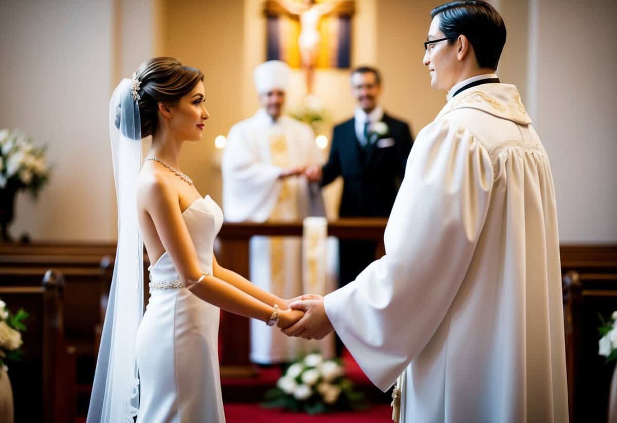 A figure standing at the altar, holding the bride's hand, while another figure stands behind them, symbolizing the tradition of giving the bride away