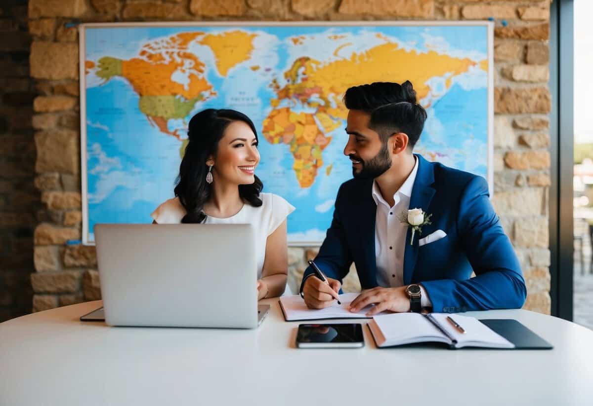 A couple sits at a table with a world map, laptop, and notebook, researching and discussing wedding planning options for a destination wedding