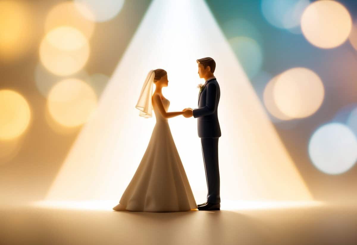 A figure stands in a beam of light, symbolizing the act of giving the bride away. The background is filled with soft, warm colors, creating a sense of love and support