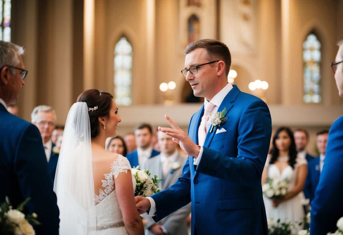 A figure stands at the front of a wedding ceremony, gesturing towards the bride with a sense of solemnity and importance