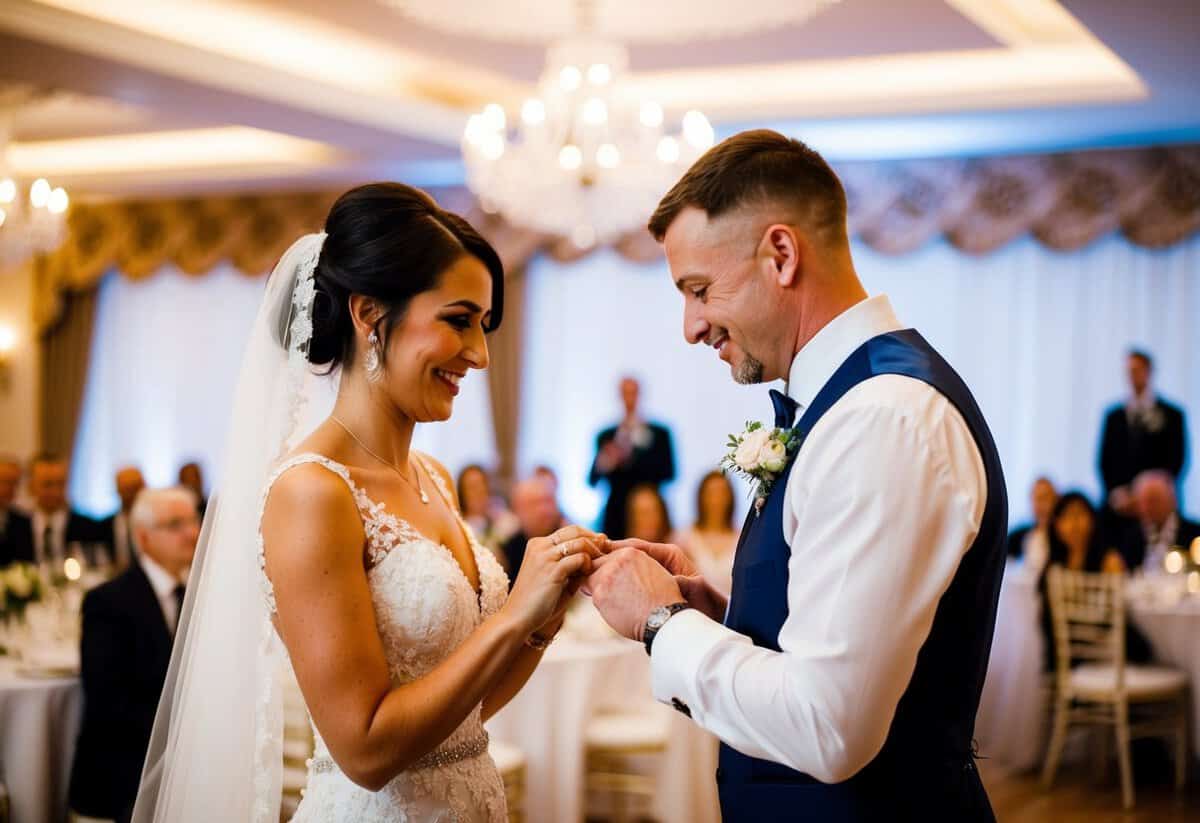 A bride and groom exchanging rings at a beautifully decorated wedding reception venue in the UK