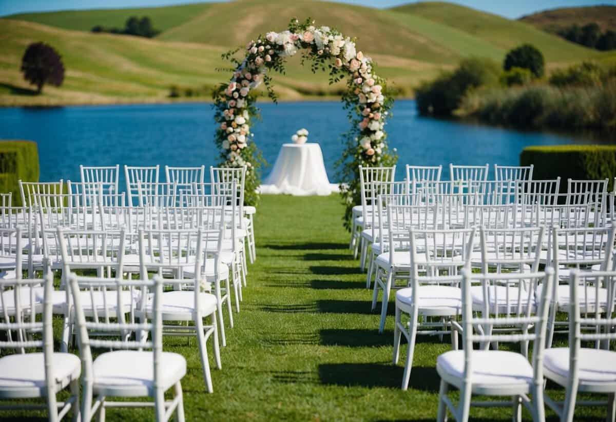 A beautiful outdoor wedding venue with 100 chairs set up in neat rows, a flower-adorned arch at the front, and a picturesque backdrop of rolling hills or a serene lake