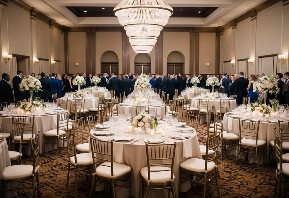 A grand banquet hall set for 100 guests, adorned with elegant table settings and floral centerpieces, awaits the arrival of wedding attendees