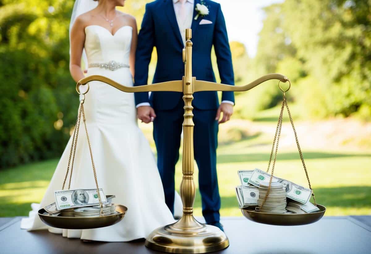 A bride and groom standing on opposite sides of a scale, with money and wedding items on each side, symbolizing the financial burden of wedding costs in the UK