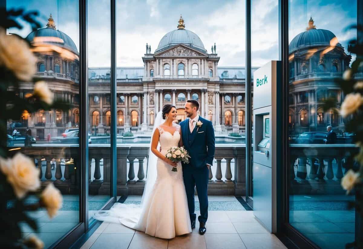 A bride and groom stand between a grand, ornate wedding venue and a sleek, modern bank, symbolizing the traditional and modern approaches to financial contributions for a wedding reception in the UK