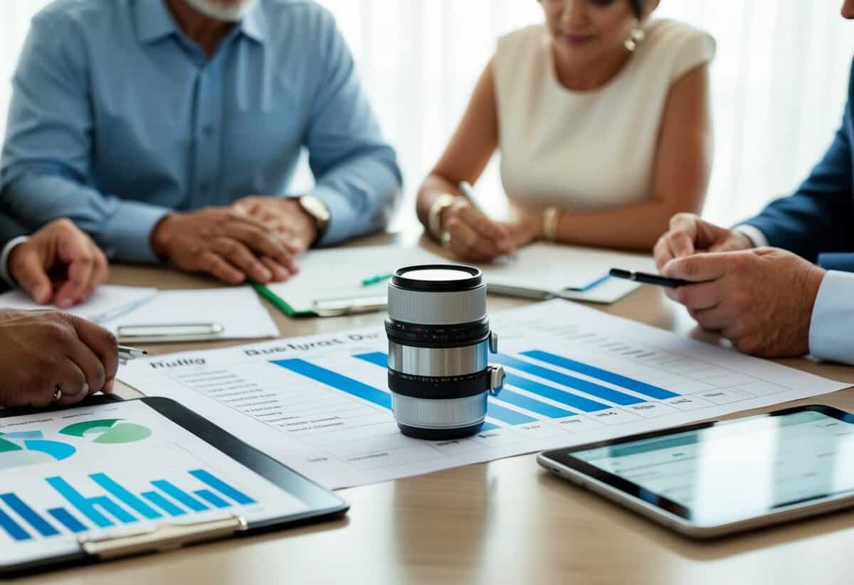 A table with a wedding budget spreadsheet, surrounded by family members discussing financial contributions