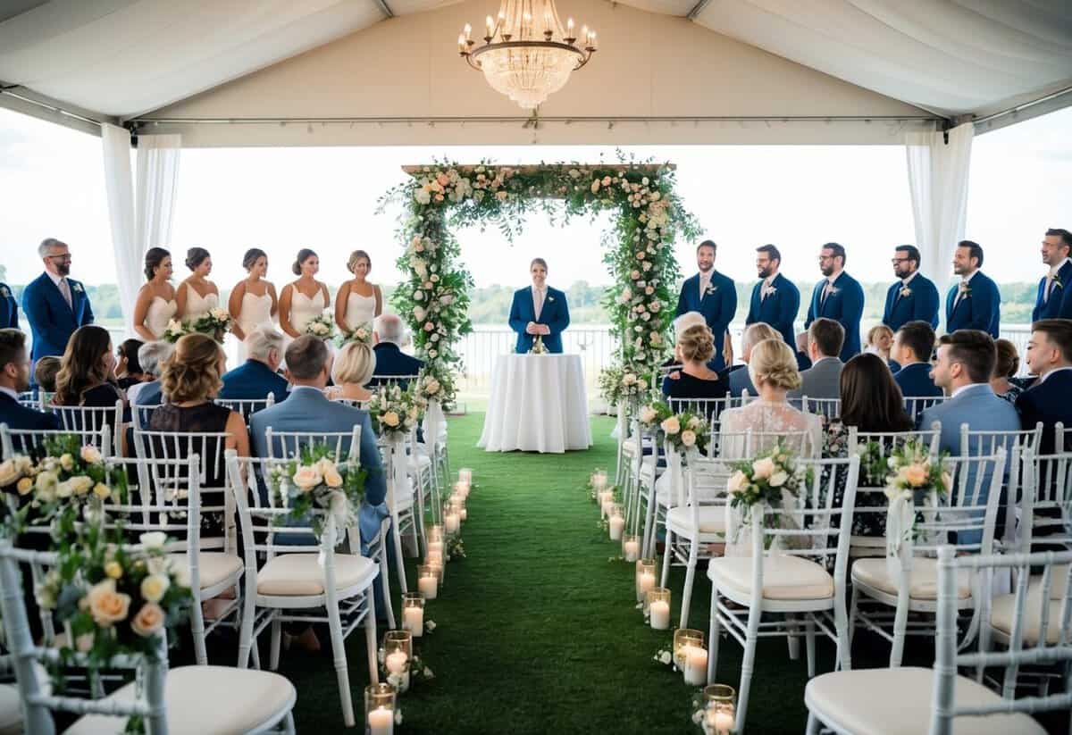 A wedding venue with seating for 100 guests, decorated with flowers and a beautiful backdrop for the ceremony