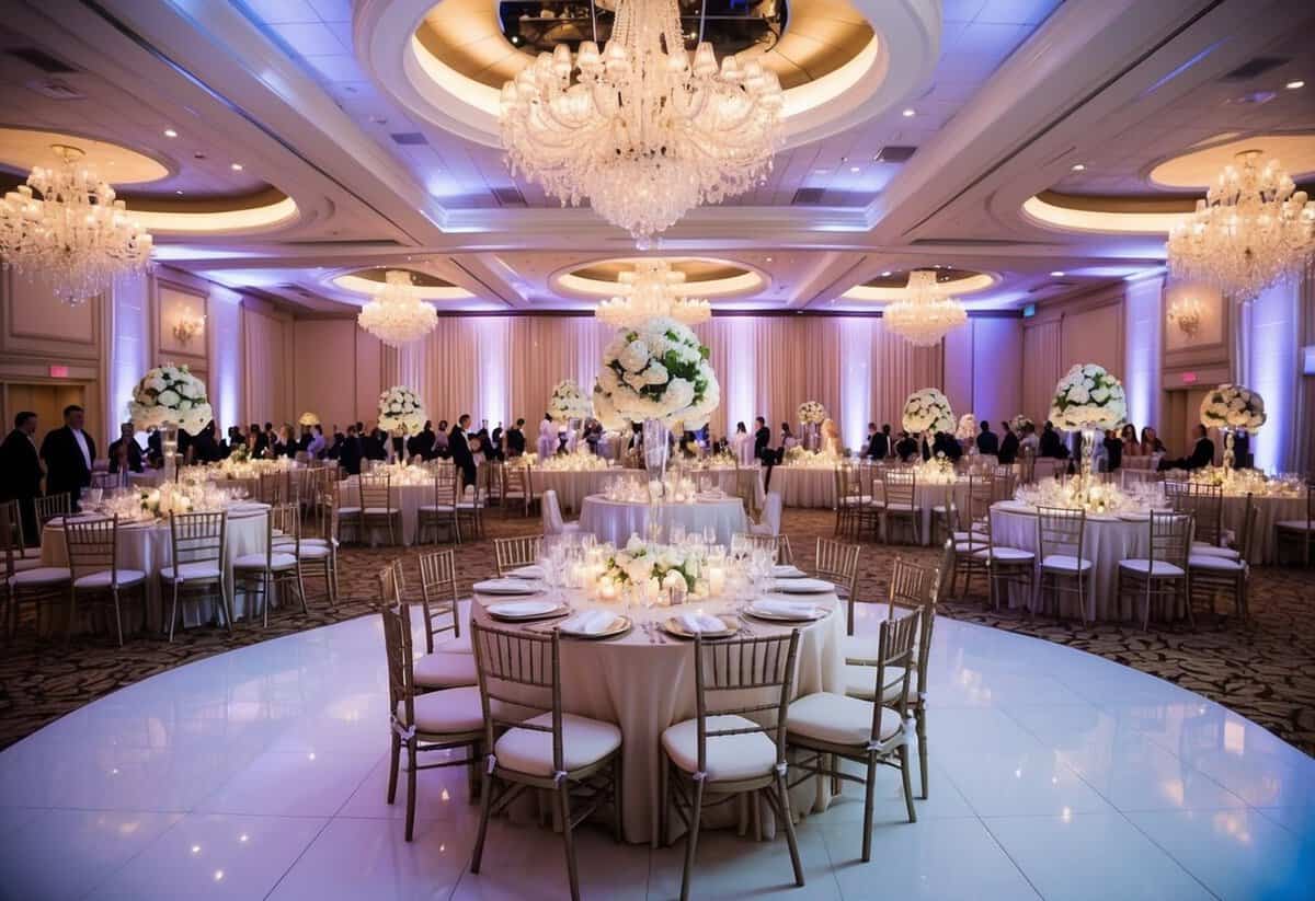 A lavish wedding reception with elegant decor, a grand banquet table, and a bustling dance floor