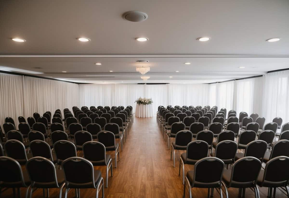 A wedding venue with 100 empty chairs arranged in neat rows