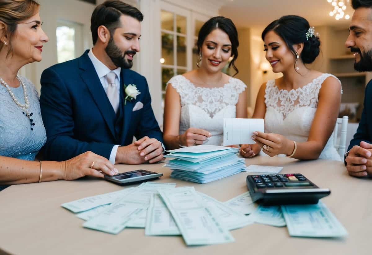 A couple and their families discussing wedding expenses at a table, with a stack of receipts and a calculator