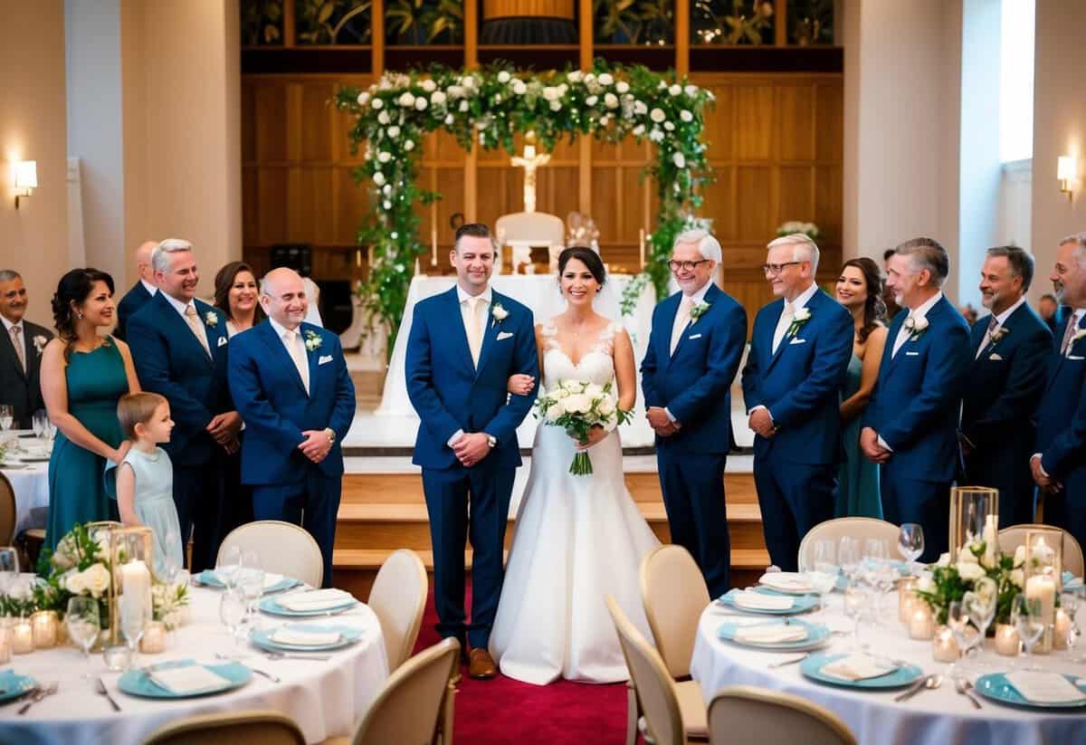A bride and groom stand at the altar, surrounded by family and friends. Tables are set for a reception in a decorated hall