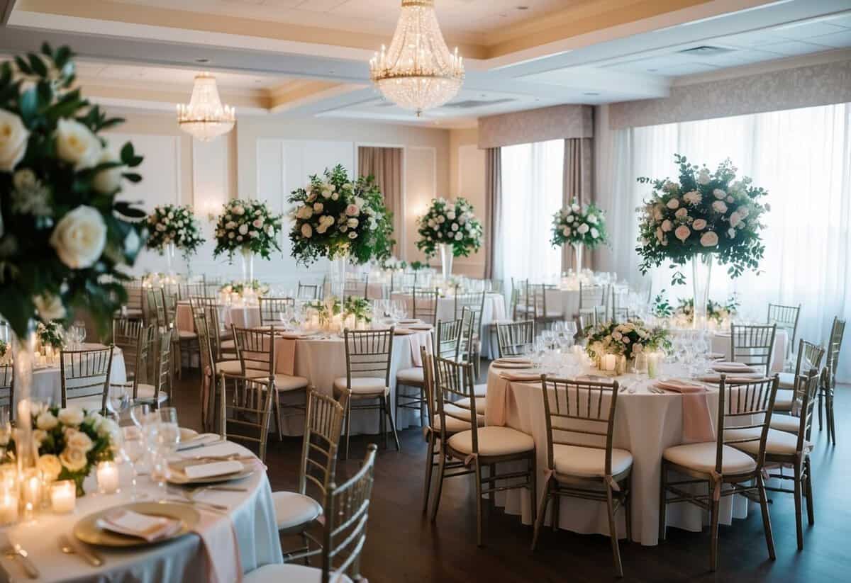 A beautifully decorated wedding venue with seating for 100 guests, adorned with elegant floral arrangements and personalized touches throughout
