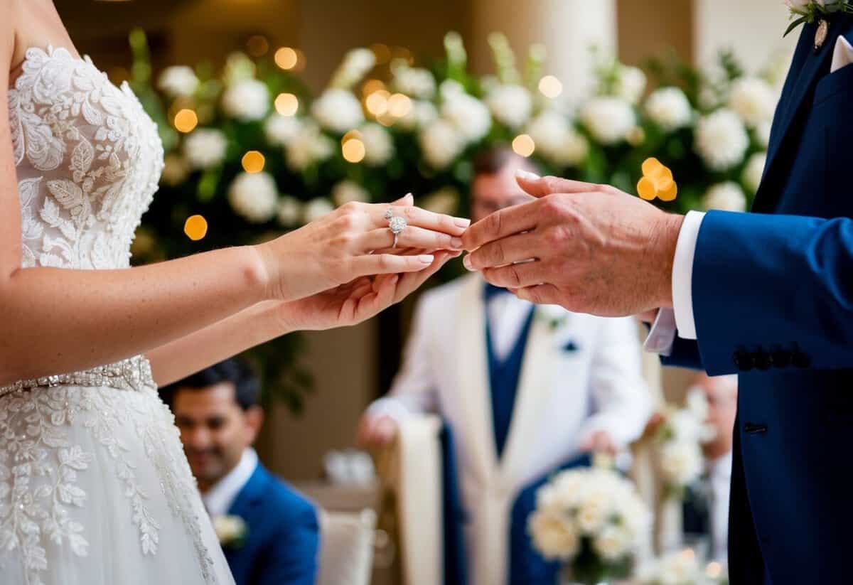 A bride and groom's hands exchanging rings, surrounded by elegant attire and a lavish wedding venue