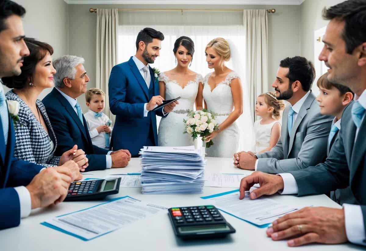 A bride and groom stand at a table, surrounded by family and friends, discussing wedding expenses. A stack of bills and a calculator are on the table