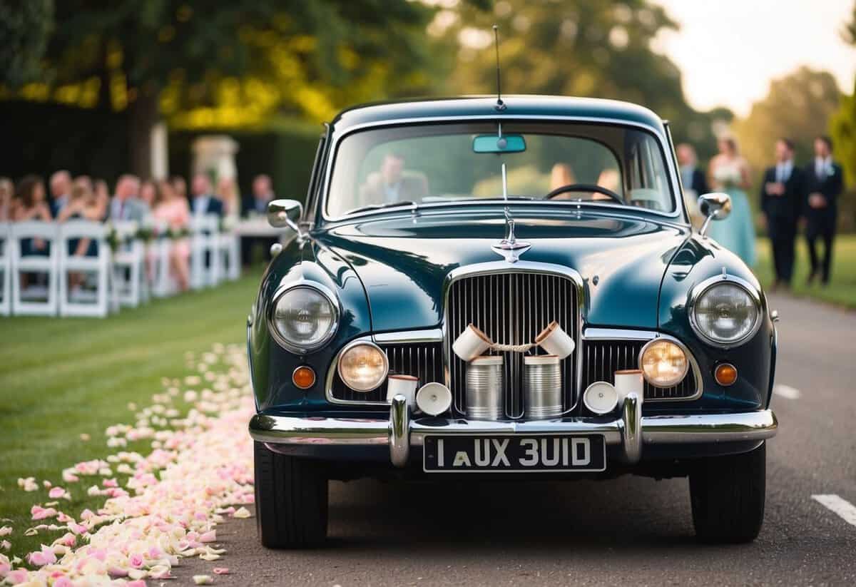 A vintage car with cans tied to the bumper drives away from a wedding venue, leaving a trail of rose petals