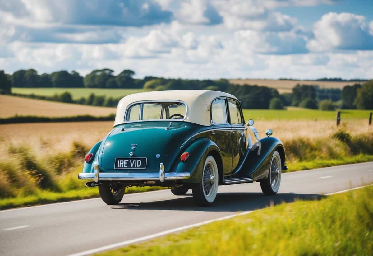 A vintage car driving through a scenic countryside, with a ribbon tied to the back, symbolizing transportation for a wedding invite