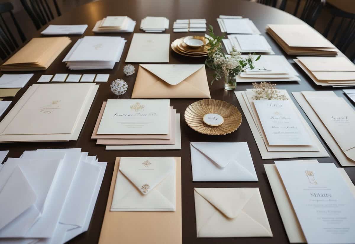 A table with various paper samples, envelopes, and decorative elements laid out for creating wedding invitations for 100 people