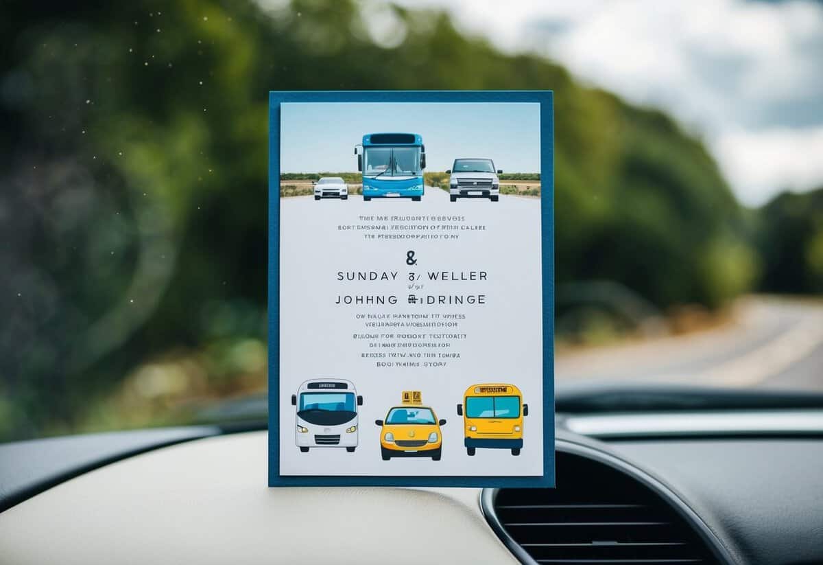 A wedding invitation with images of a car, bus, or other transportation options, along with a map or directions to the venue
