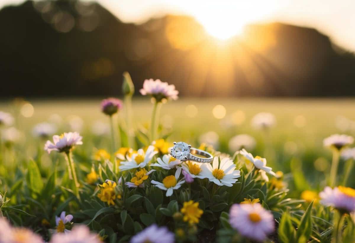 A wedding ring nestled among a bed of blooming flowers, with a golden sun shining down on a serene, open field