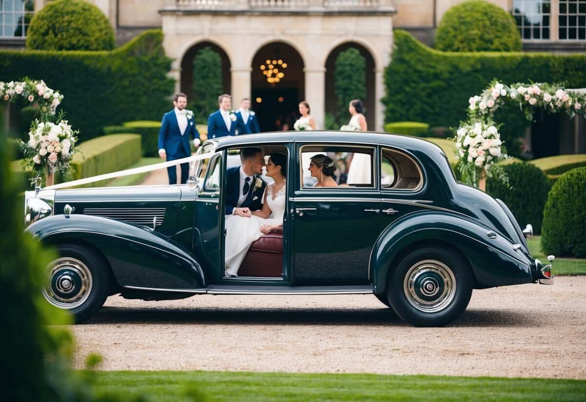 A vintage car parked outside a grand venue, surrounded by lush greenery and adorned with floral decorations. A couple and guests are seen entering the car, ready to depart for the wedding ceremony