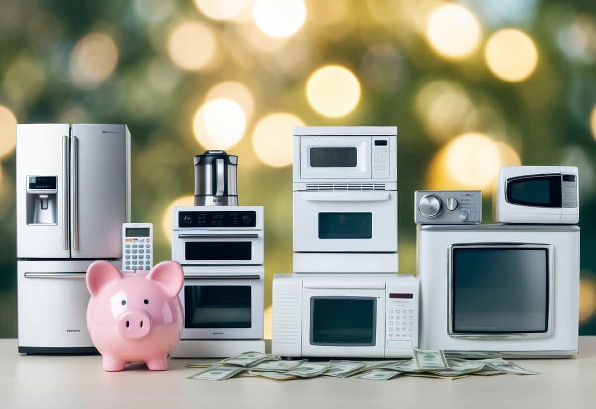 A wedding registry with various big-ticket items such as appliances, furniture, and electronics. A piggy bank or savings account with a wedding fund