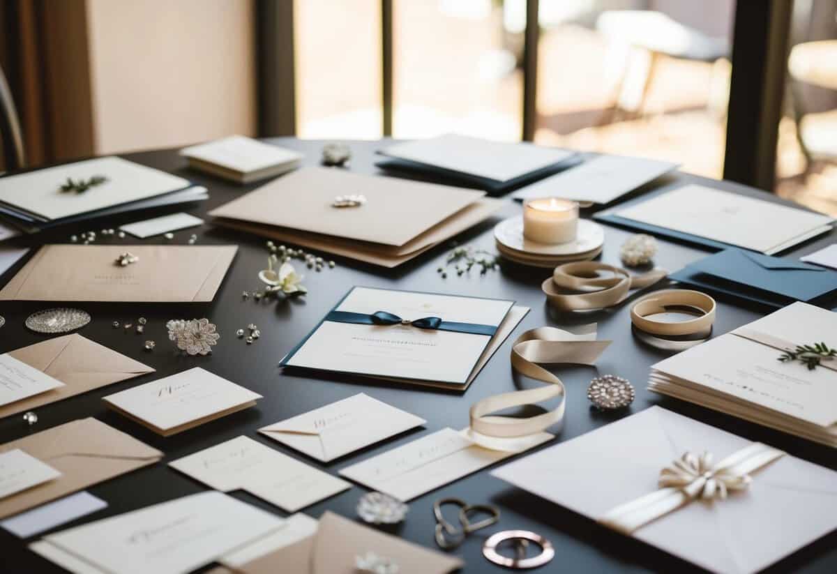 A table scattered with various wedding invitation materials, including cardstock, envelopes, ribbons, and decorative embellishments