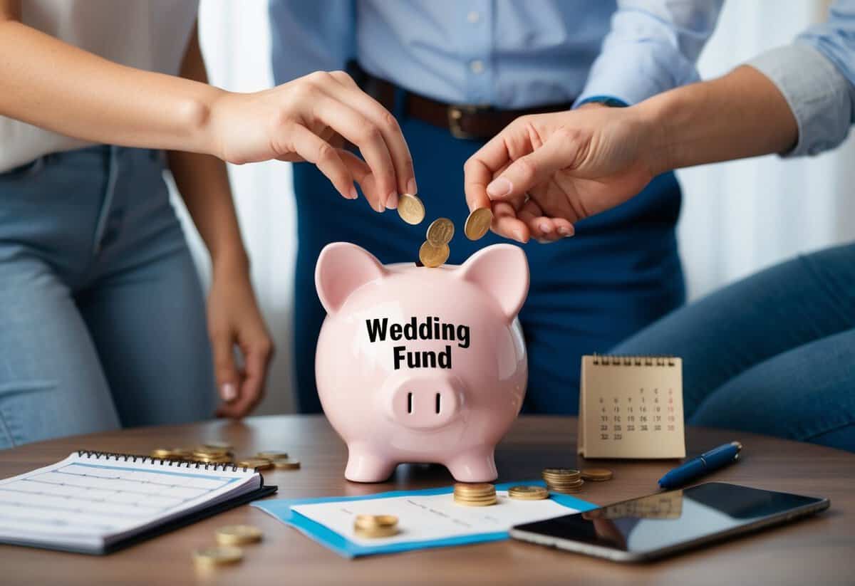 A couple's hands placing coins into a piggy bank labeled "wedding fund" on a table surrounded by budgeting tools and a calendar