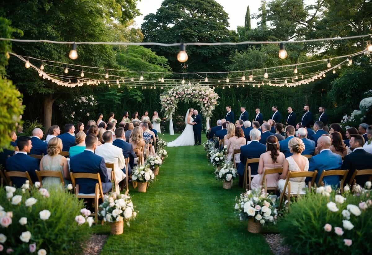 A picturesque outdoor wedding with 100 guests seated in a lush garden surrounded by blooming flowers and twinkling lights
