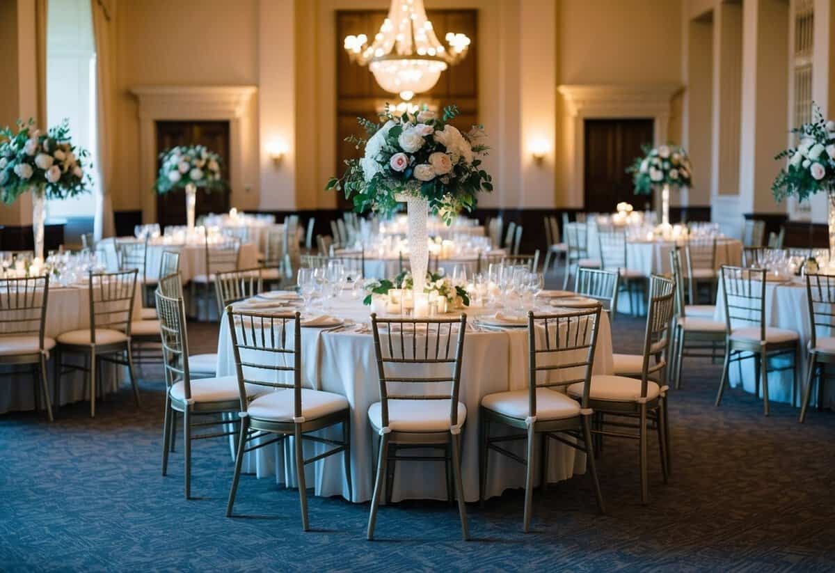 A grand banquet hall with 100 empty chairs set around elegantly decorated tables, adorned with floral centerpieces and soft candlelight