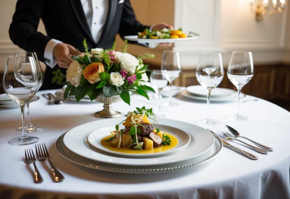 A elegant table set with fine china, silverware, and a floral centerpiece. A waiter serves a gourmet meal on a white plate