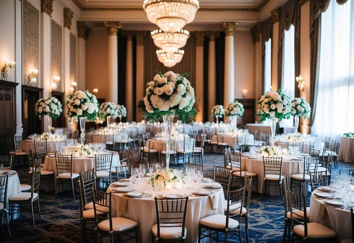A grand banquet hall adorned with elegant decor, filled with tables set for a lavish 100-person wedding celebration
