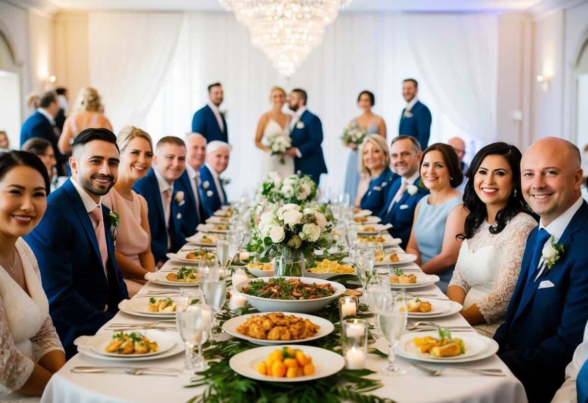 A beautifully set table with elegant place settings and a variety of food options, surrounded by happy wedding guests