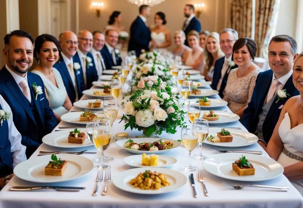 A beautifully set dining table with elegant place settings and a variety of delicious dishes, surrounded by happy wedding guests