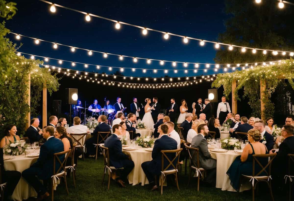 A cozy outdoor wedding with 100 guests seated at round tables, surrounded by twinkling lights and greenery. A live band plays in the background, and guests mingle and dance under the starry sky