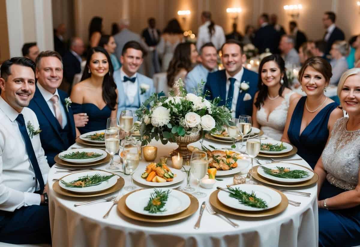 A beautifully set table with elegant place settings and a variety of dishes, surrounded by happy guests at a wedding reception