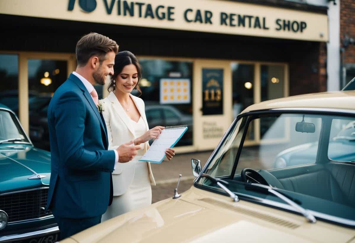 A couple standing in front of a vintage car rental shop, looking at a calendar and discussing wedding dates with the owner