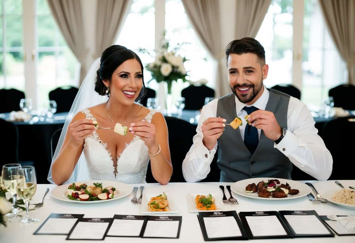 A bride and groom sit at a table, tasting samples from different wedding caterers. Menus and price lists are spread out in front of them