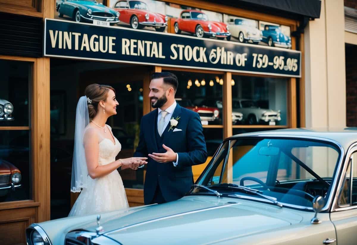 A couple stands outside a vintage car rental shop, discussing their wedding date with the owner. The shop's sign displays various car models