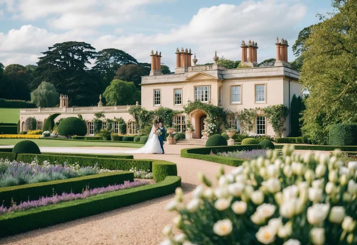 A grand British countryside wedding in 2024, with a picturesque manor, lush gardens, and elegant decor